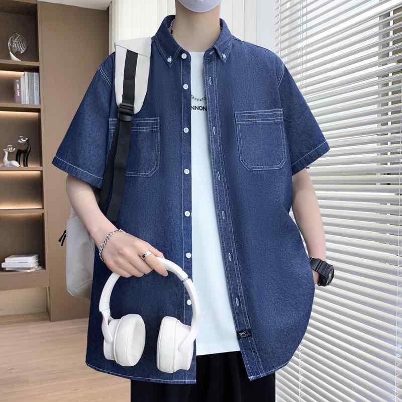 メンズ デニム 半袖 シャツ 夏 薄手 涼しい ブルー レトロ カジュアル トップス