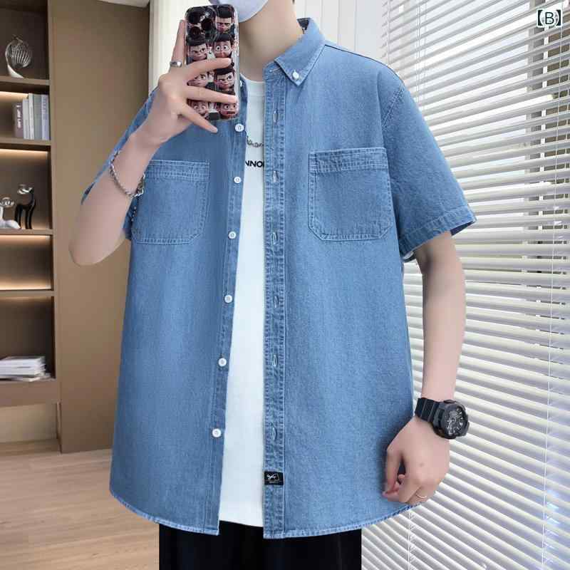 メンズ デニム 半袖 シャツ 夏 薄手 涼しい ブルー レトロ カジュアル トップス