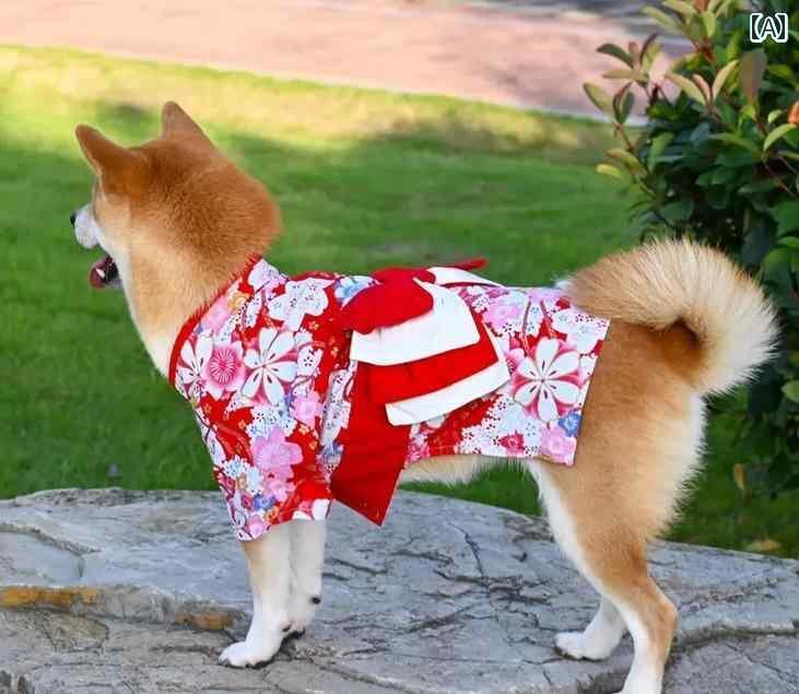 犬の服 ドックウェア かわいい 和 着物 袴 猫 ペット 誕生日 赤 ピンク 花 浴衣 写真撮影 正月 七五三 節句 こどもの日 ひ祭り りぼん 帯