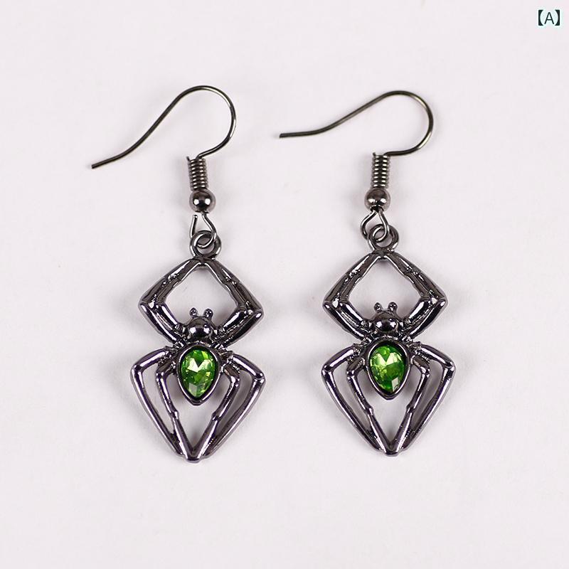 ピアス レディース かわいい グリーン スパイダー フック ロング ハロウィン 蜘蛛 黒 両耳 パンク ロック かっこいい