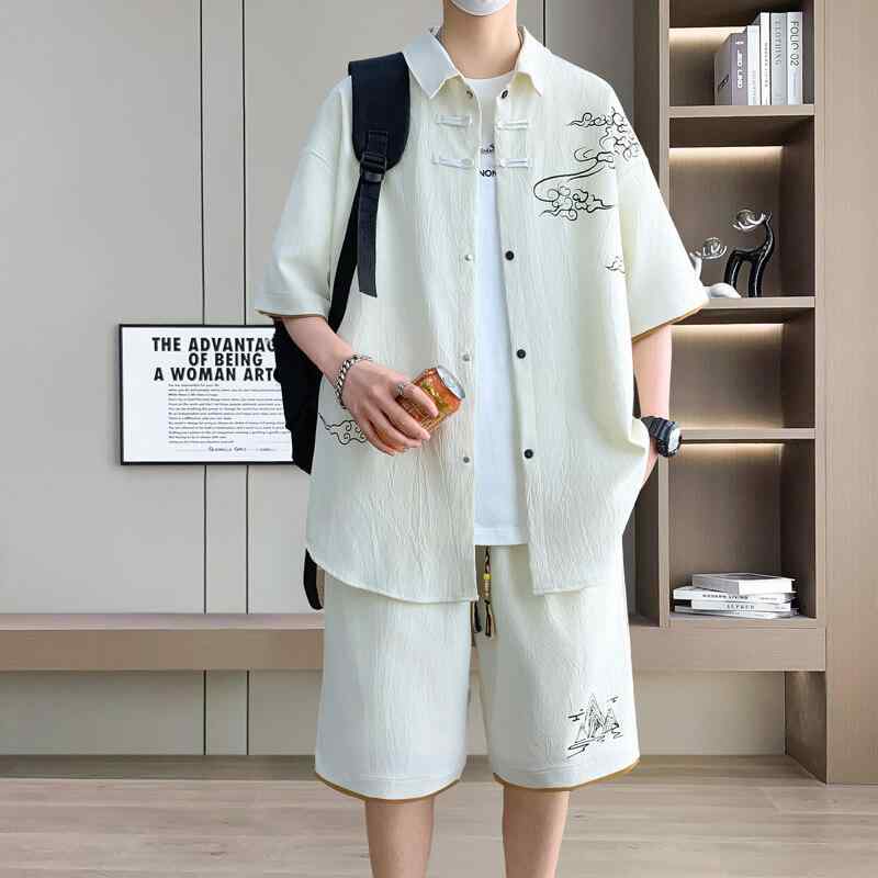 シャツ メンズ メンズ 夏 セットアップ 上下セット 半袖 短パン 中華風 涼しい カジュアル