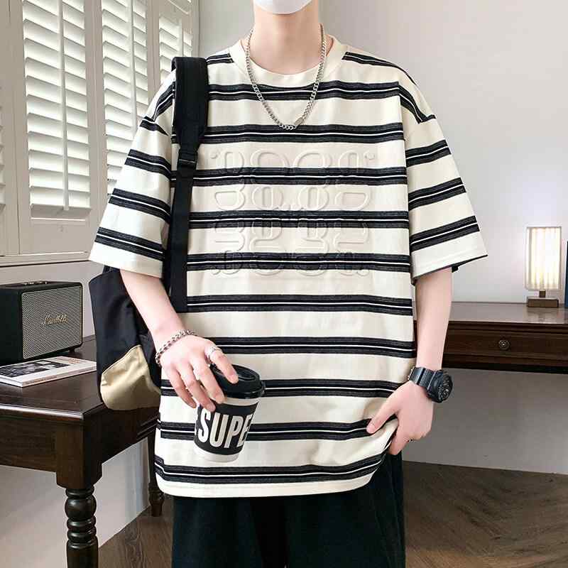Tシャツ メンズ 半袖 ストライプ 夏 ゆったり カジュアル 丸首 トップス 学生
