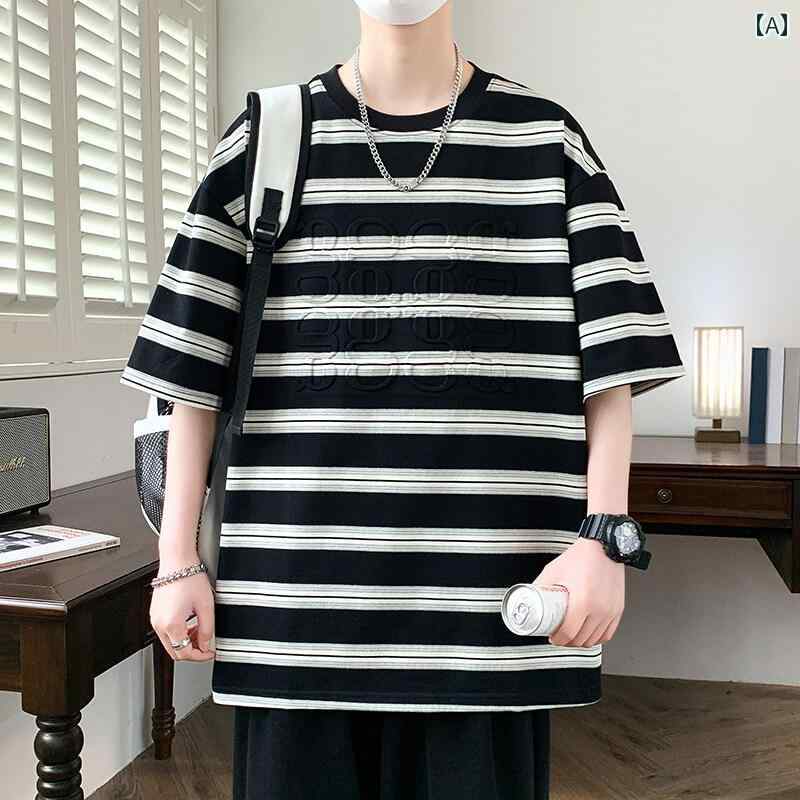 Tシャツ メンズ 半袖 ストライプ 夏 ゆったり カジュアル 丸首 トップス 学生
