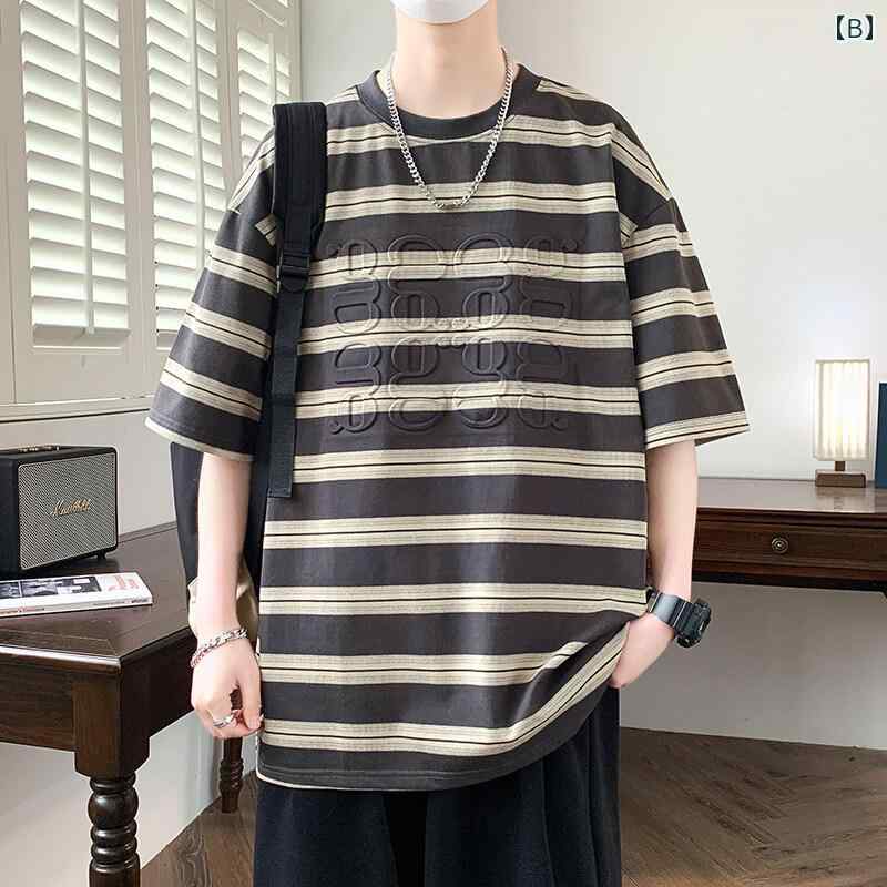 Tシャツ メンズ 半袖 ストライプ 夏 ゆったり カジュアル 丸首 トップス 学生
