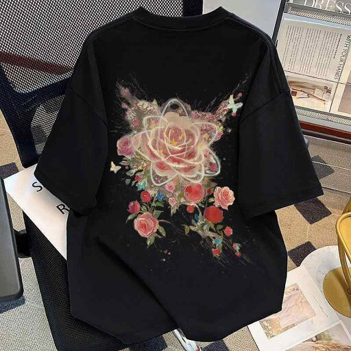 Tシャツ メンズ レディース兼 半袖 綿 アメリカン レトロ バラ柄 夏 ゆったり トップス ペア Tシャツ メンズ レディース兼 半袖 綿 アメリカン レトロ バラ柄 夏 ゆったり トップス ペア