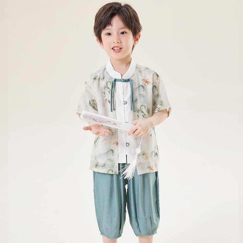 漢服 男の子 夏 レトロ セットアップ 子供 新中式 唐装 半袖 中秋節 中国風衣装 モダンチャイニーズ 唐装風 かっこいい