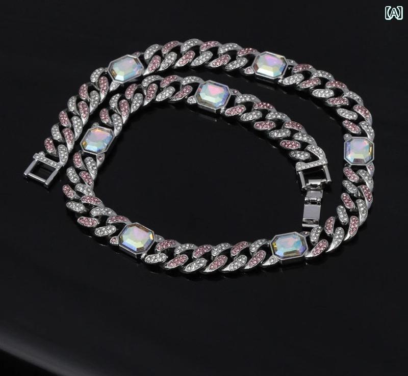 太い チェーン ネックレス 極太 マイアミ キューバン ヒップホップ つい ラップ アメリカン ストリート ICED OUT アウト ピンク ストーン グラデー...