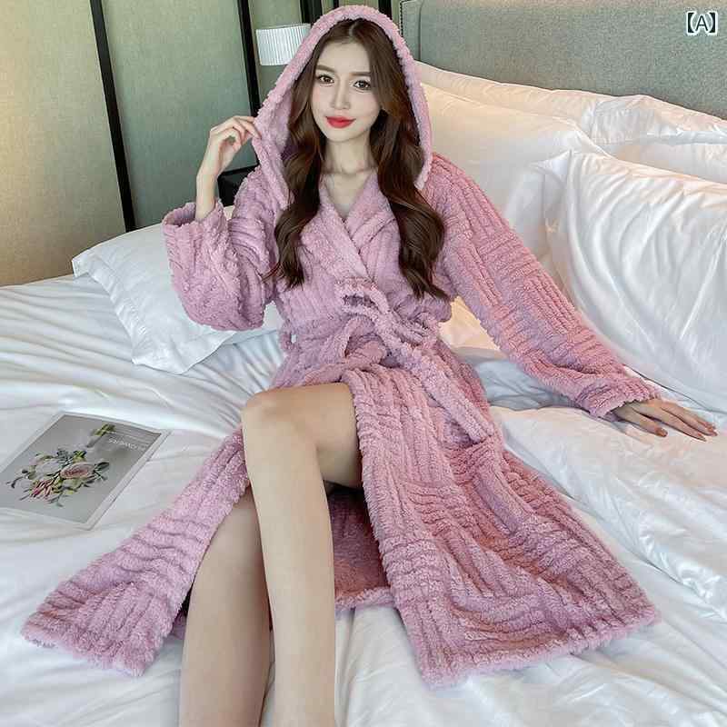 バスローブ レディース 秋冬 ナイトガウン パジャマ ルームウェア 厚手 暖かい 柔らかい 快適 防風性 ..