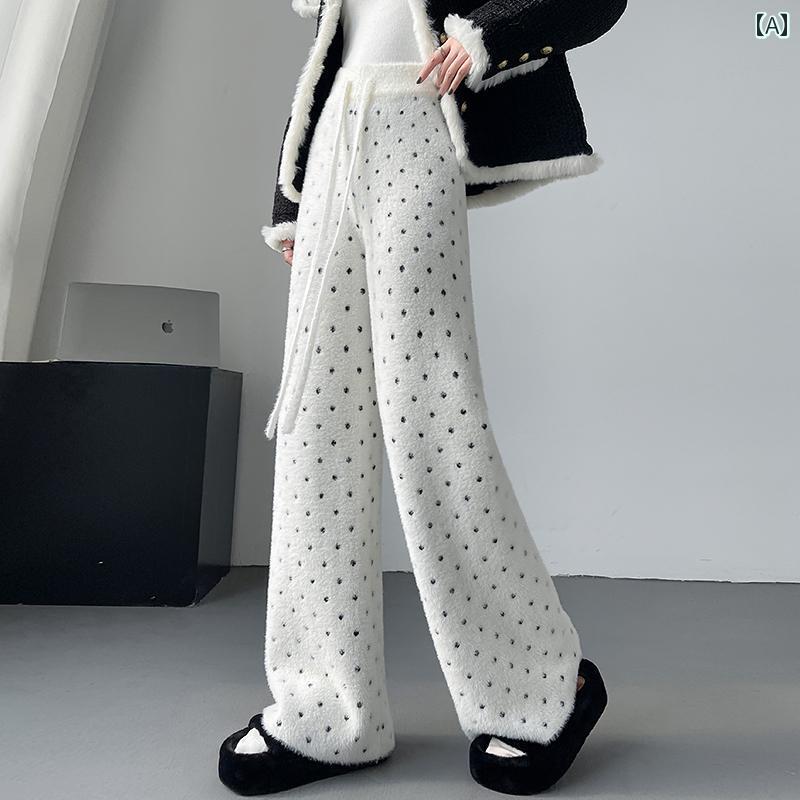 レディース ズボン カジュアル パンツ 水玉 ニット 秋冬 ストレッチ ウエスト ドレープ ハイウエスト スリム ワイドレッグ