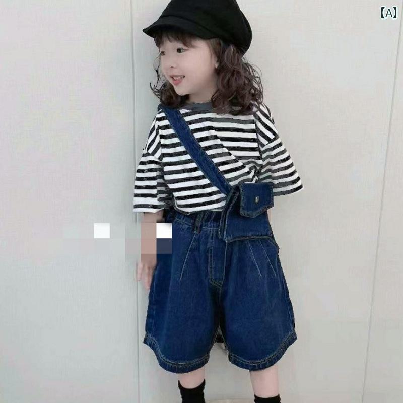 子供服 女の子 セットアップ おしゃれ カジュアル 夏 男の子 ストライプ 半袖 Tシャツ ツイル バッグ デニムパンツ 点 セット