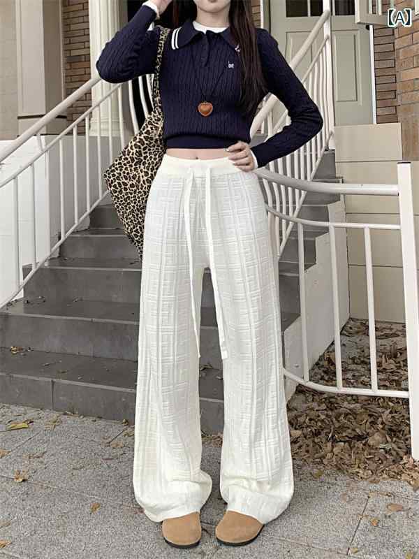 レディース ズボン カジュアル パンツ 新 ジャカード ニット 秋冬 ストレッチ ウエスト ワイドレッグ ズボン