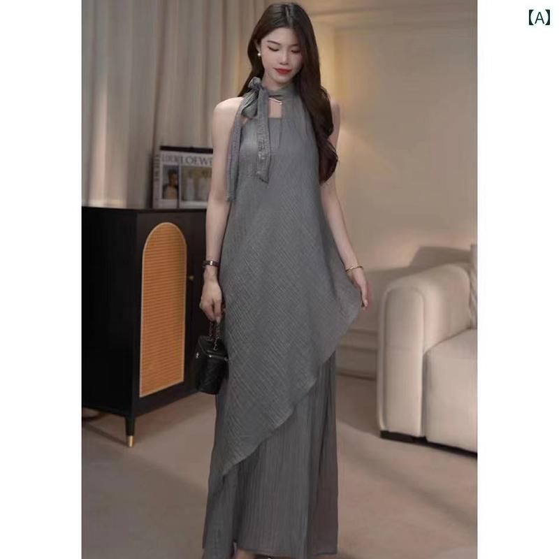 レディース ファッション おしゃれ ノースリーブホルター ネック 不規則 ドレス 夏 スリム スカート 婦人服