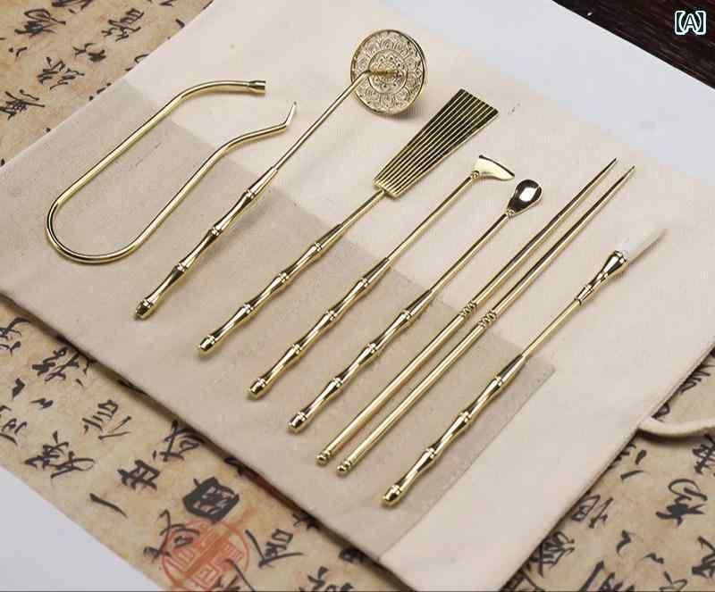 香道具 セット 銅 七点 灰押 印 笏型 匙 箒 おしゃれ インテリア 小物 レトロ アンティーク 瞑想 癒し 座瞑想 リラクゼーション ゴールド 古美