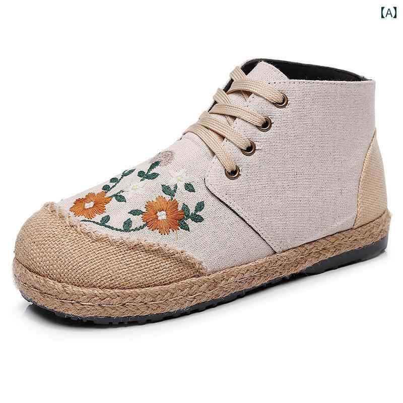 キャンバス シューズ レディース エスニック ぺたんこ フラットシューズ 歩きやい リネン 刺繍 レトロ ..