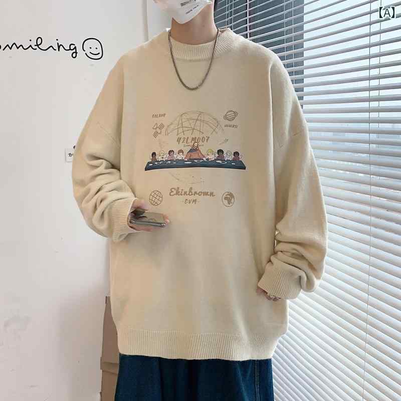 メンズ トップスス おしゃれ レトロ 長袖 柄 プリント ウール セーター ハーフ タートルネック カジュアル プルオーバー セーター(4)