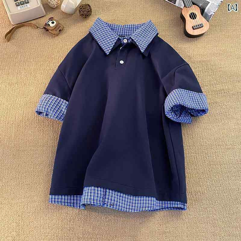 ポロシャツ メンズ 半袖 薄手 涼しい 切り替え チェック カジュアル ゆったり Tシャツ