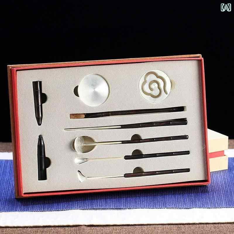 香道具 セット 七分丈 黒檀 銅 ツール 初心者 入門 チャイナ風 レトロ 趣味 娯楽 シャベル スプーン 羽箒 プレス 箸