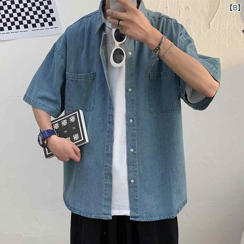 シャツ メンズ 半袖 デニム 薄手 涼しい 夏 カジュアル 韓国 ゆったり ウォッシュ加工 ジャケット