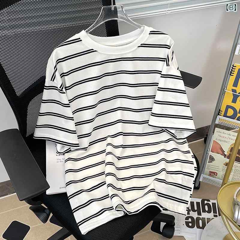 Tシャツ メンズ 半袖 丸首 綿 スポーツ カジュアル ストライプ