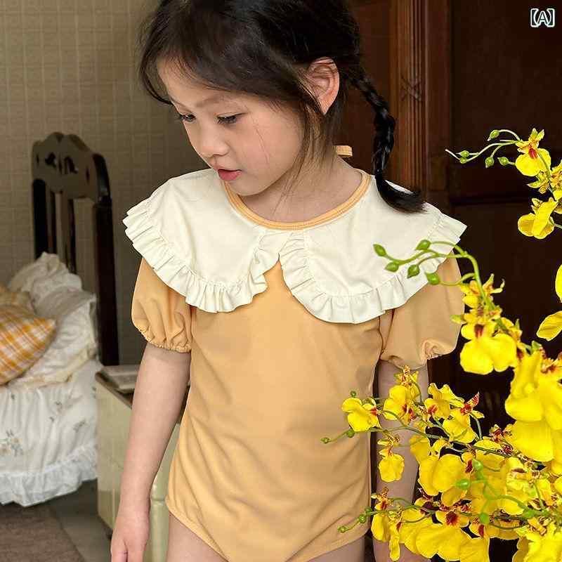 水着 女の子 キッズ 夏 海 プール リゾート かわいい 人形 襟 プリンセス パフスリーブワンピース 休暇 速乾