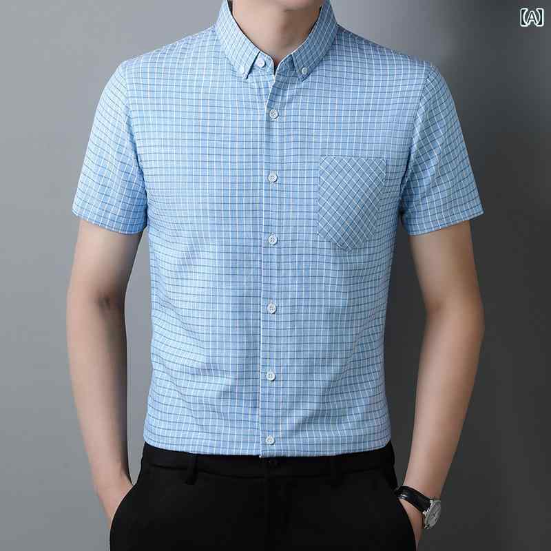 シャツ メンズ 半袖 コットン 薄手 涼しい 格子柄 ビジネス カジュアル メンズ 紳士服