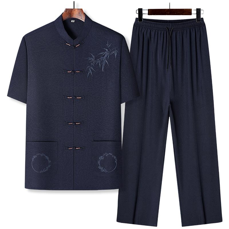 唐装 メンズ 夏 刺繍 祖父 服 中華 服 父 半袖 セットアップ