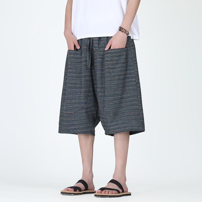 ズボン メンズ 綿麻 リラックス ストレート カジュアル パンツ ストライプ ハーフパンツ 短パン