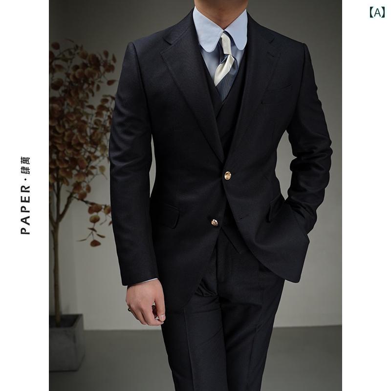 スーツ メンズ ビジネス オフィス ダンディ フォーマル ネイビー ブルー シングルブレスト 3点 結婚式 ブレザー