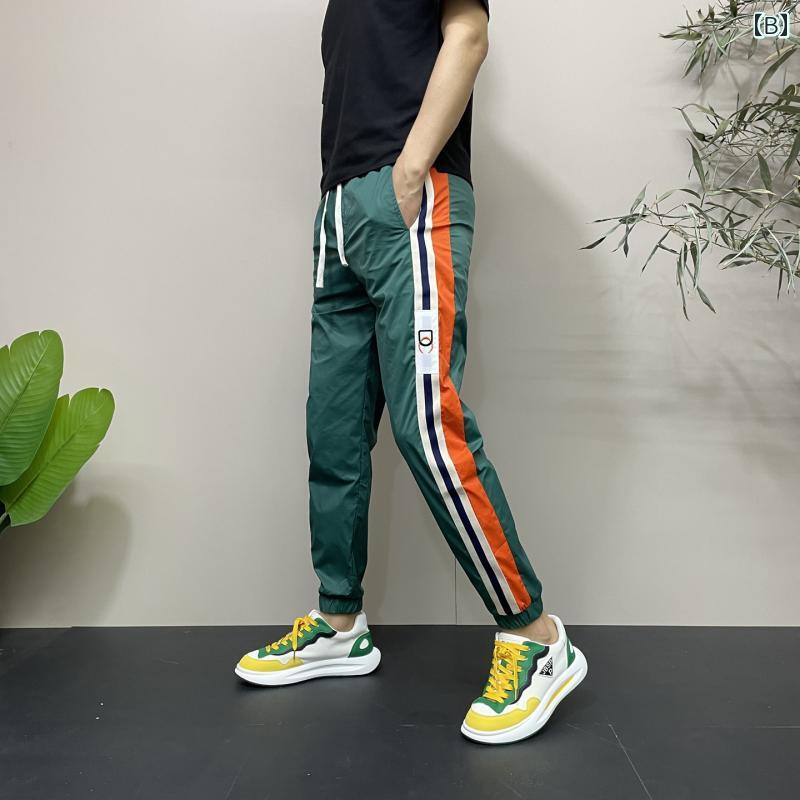 メンズ 夏 涼しい ドライ スリムフィット カラフル ストライプ スポーツ 9分丈 パンツ