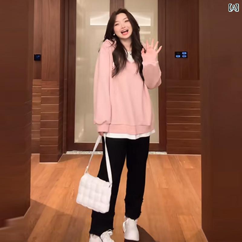 大きめサイズ レディース おしゃれ ファッション カジュアル 普段使い 秋冬 フェイク セットアップ フード スウェットシャツ ぽっちゃり スリム 体型カバー 快適 トップス