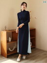 アオザイ ワンピース ロング チャイナドレス 秋冬 中国風 衣装 長袖 Aライン スタンドカラー シンプル 大人 無地 薄手 大きめサイズ ネイビー(4)