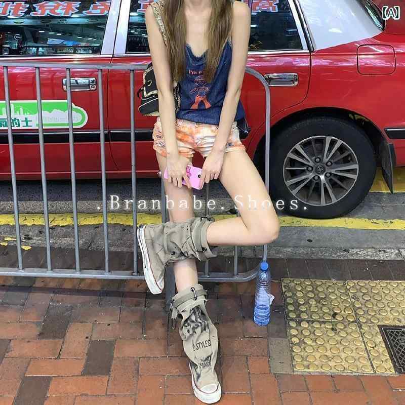 ブーツ レディース 歩きやい フラット オールシーズン キャンバス地 スニーカー 滑りにくい ラバーソール 通気性 カーキ ラウンドトゥ 布 カジュアル