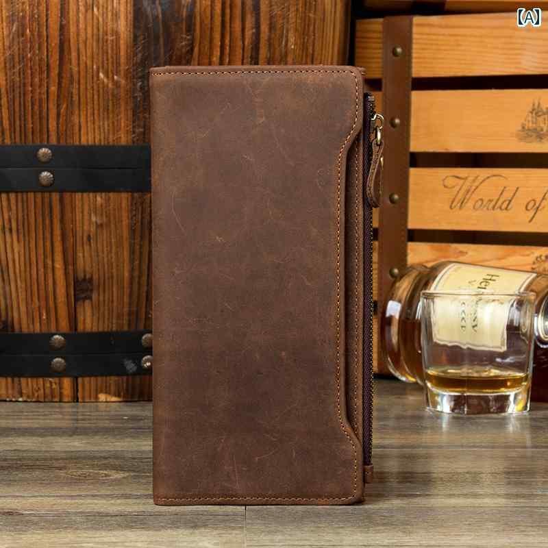 財布 メンズ 長財布 クホース レザー スマホ 大容量 バッグ レトロ カードホルダー ブラウン ファスナー スナップボタン おしゃれ