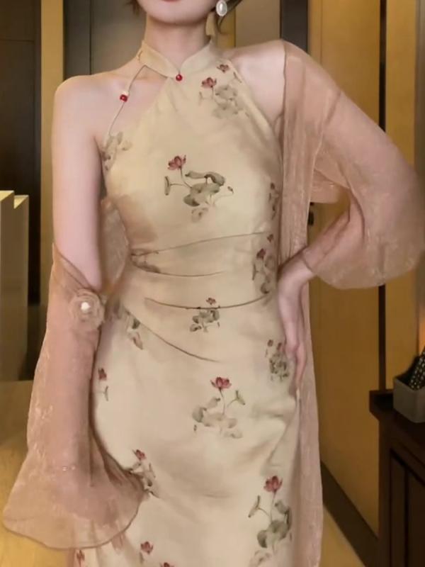 チャイナドレス 大きめサイズ カーディガン セット 春夏 レディース ノースリーブ ミモレ丈 スタンドカラー ハイウエスト タイト レトロ おしゃれ セクシー 花柄 アプリコット パーティー コスプレ