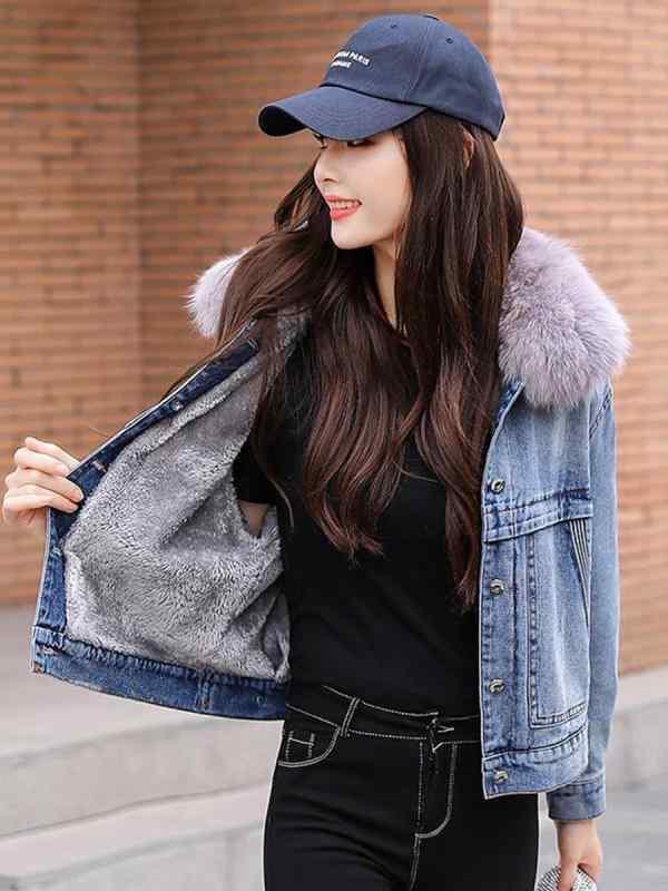 デニムジャケット レディース 秋冬 綿 長袖 ショート丈 ファー襟 ボア 厚手 暖かい ボタン ポケット Gジャン カジュアル おしゃれ 青 黒 大きめサイズ 防寒 ストリート