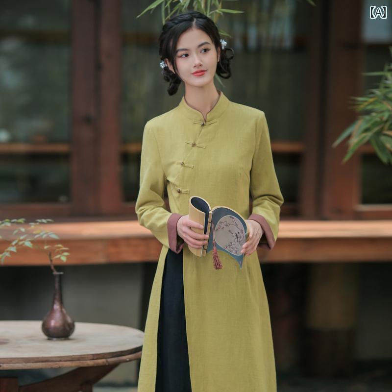 アオザイ ワンピース ロング チャイナドレス 春秋 中国風 衣装 シンプル 無地 レトロ 大人 長袖 Aライン レディース 通気性 快適 綿 リネン 黄緑