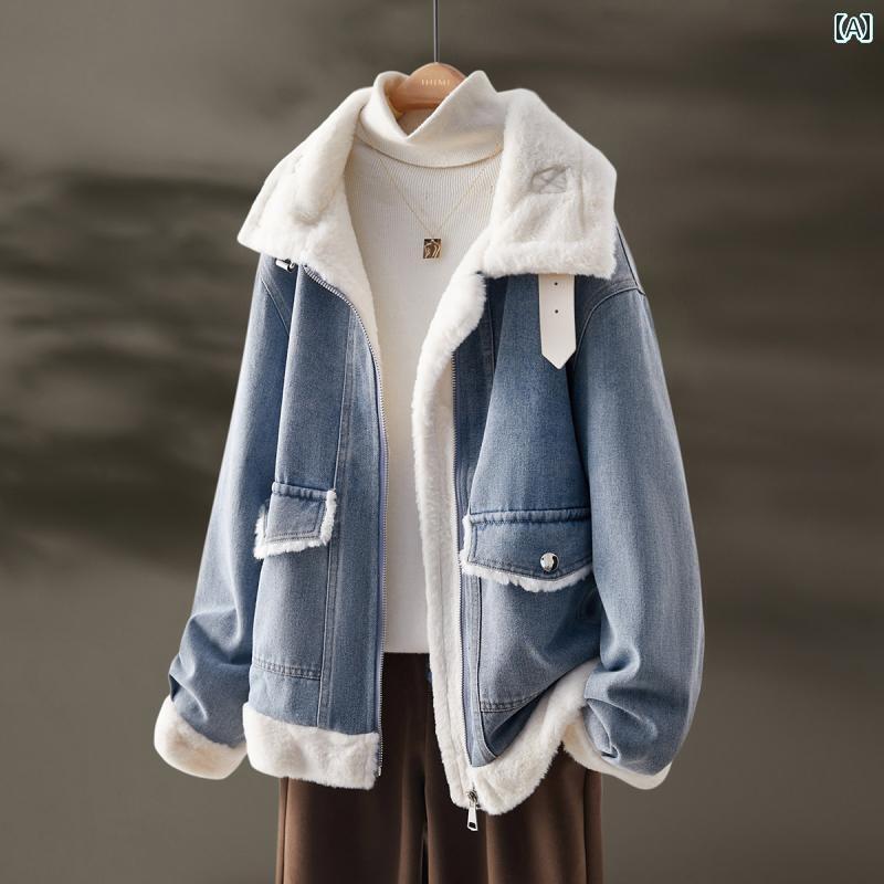デニムジャケット レディース 秋冬 裏ボア 襟 カジュアル かっこいい ふわふわ 防寒 暖かい 体型カバー ゆったり 青 大きめサイズ