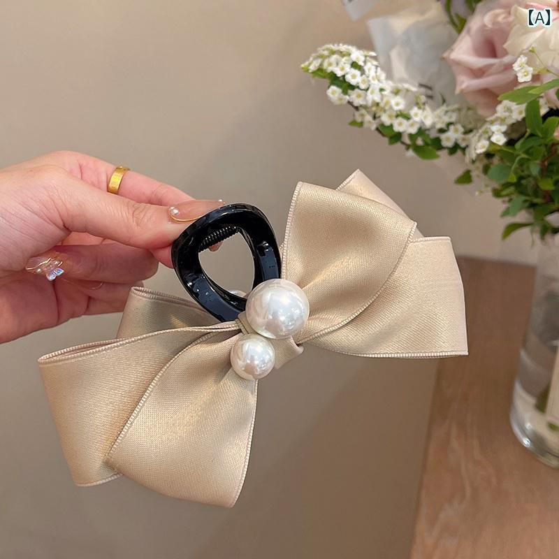 ヘアクリップ リボン 黒 カーキ 大きめ パール レディース アクセサリー 後頭部 まめ髪 シンプル エレガント 布 かわいい 無地