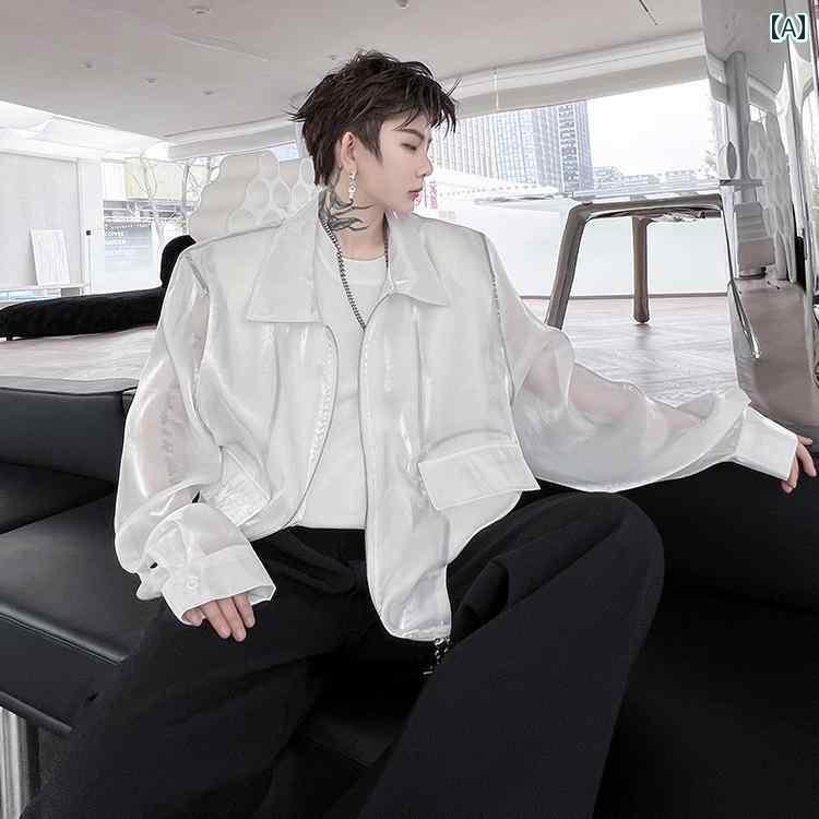 ジャケット メンズ 秋 セクシー 襟 長袖 おしゃれ 透け カジュアル 韓国 個性 シースルー 透け感 通気性 アウター 光沢 ジップアップ レディース ショー...