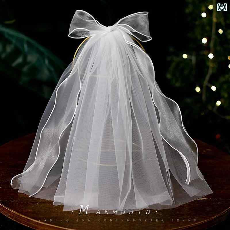 ウェディング ベール リボン ショート丈 かわいい フェミニン 結婚式 披露宴 セレモニー 前撮り シンプル シースルー 透け感 シフォン コスプレ 小道具 白 黒