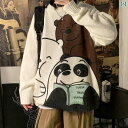 セーター メンズ ビッグシルエット パンダ クマ 動物 かわいい ゆったり カジュアル 秋冬 厚手 ラウンドネック 大きめサイズ 白 黒 キャメル