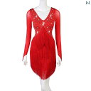 ラテン ドレス 社交 ダンス スカート 衣装 ワンピース レディース フリンジ パフォーマンス 競技 大人 レッド ブラック パープル 長袖 Vネック 大きめサ...