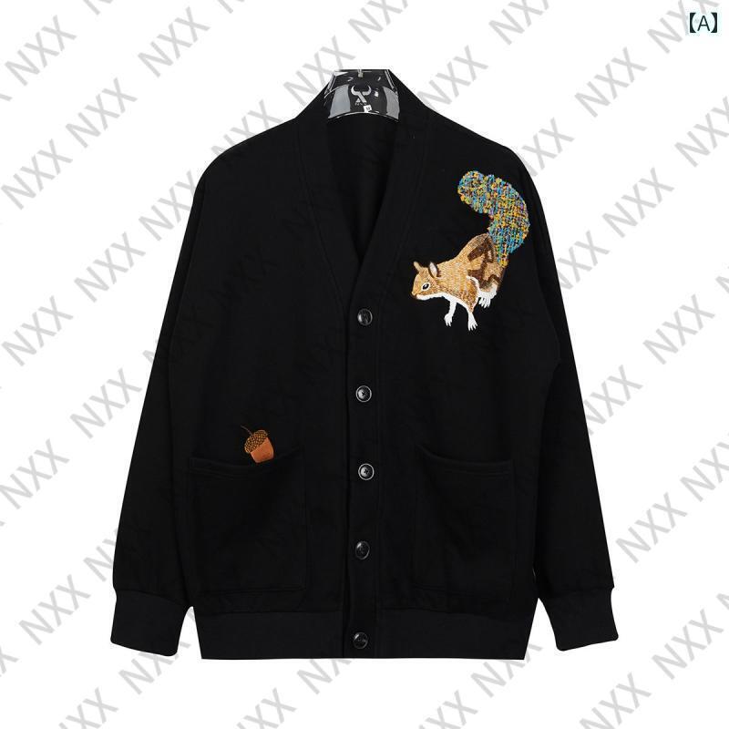 カーディガン メンズ リス 動物 かわいい ゆったり カジュアル 韓国 刺繍 シンプル 秋冬 Vネック 前開..