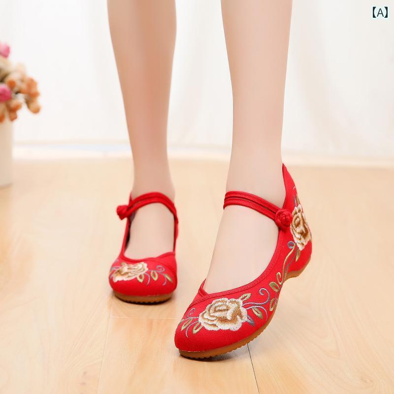 キッズ 女の子 かわいい 靴 刺繍 赤 黒 ベージュ レディース 布 花柄 インヒール 結婚式 漢服 ウェッジソール 歩きやい パンプス ストラップ 春夏 秋冬