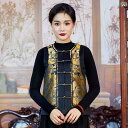 レディース チャイナ ベスト 中国風 レトロ 冬 キルティング 厚手 ダブルブレスト トップス 重ね着 ノースリーブ スタンド ラウンド カラー 襟 大きめサイズ