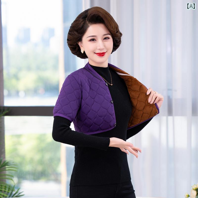 肩あて 寝具 レディース 秋冬 半袖 裏起毛 厚手 暖かい 防寒 ショート丈 スタンドカラー ボタン キルテ..