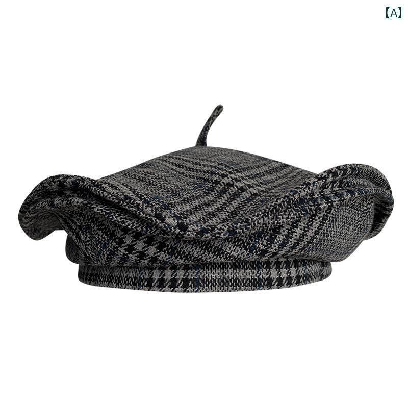 レディース 秋冬 ベレー帽 帽子 レトロ チェック ハット 韓国 ファッション コーデ おしゃれ 千鳥格子 ウール シンプル
