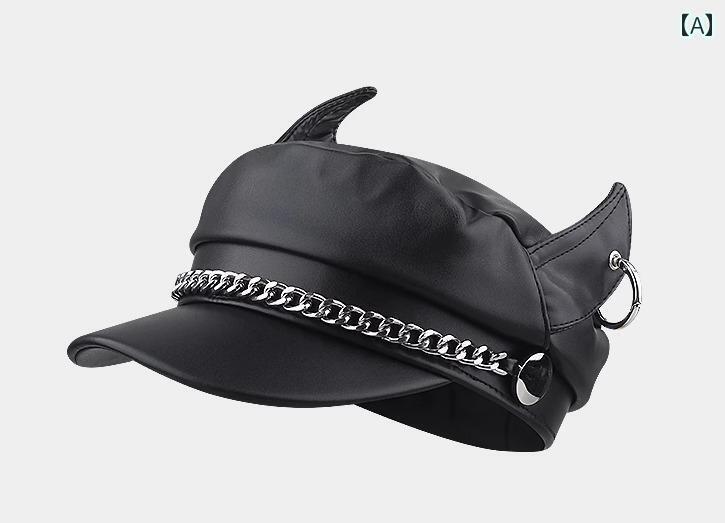 ワークキャップ メンズ レディース デビル 耳 秋冬 韓国 ストリート ファッション PU レザー ピークハット メンズ レディース兼 おしゃれ ブラック