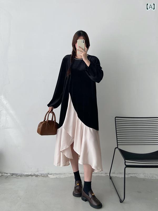 ワンピース レディース カジュアル デート おしゃれ ランタン スリーブ フリル パッチワーク ドレス 秋冬 大きめサイズ ボトニング スウェットシャツ ロング スカート