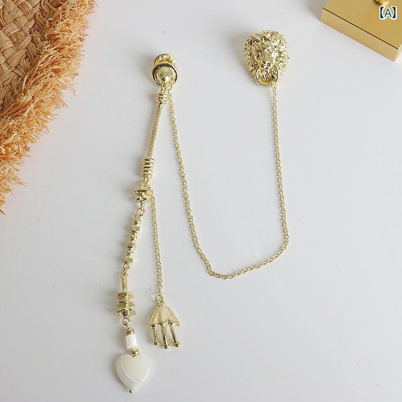 スーツ ピン チェーン ブローチ レディース パール コサージュ レトロ ロング アクセサリー 普段使い おしゃれ プレゼント 韓国 金 ライオン